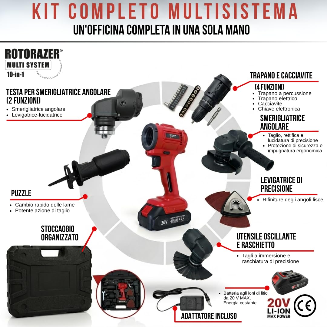 Rotorazer Multi System 10 in 1 - Multiutensile wireless 20 V: Trapano a percussione, seghetto alternativo, smerigliatrice, levigatrice e oscillante, kit completo con valigetta e batteria 1500 mAh