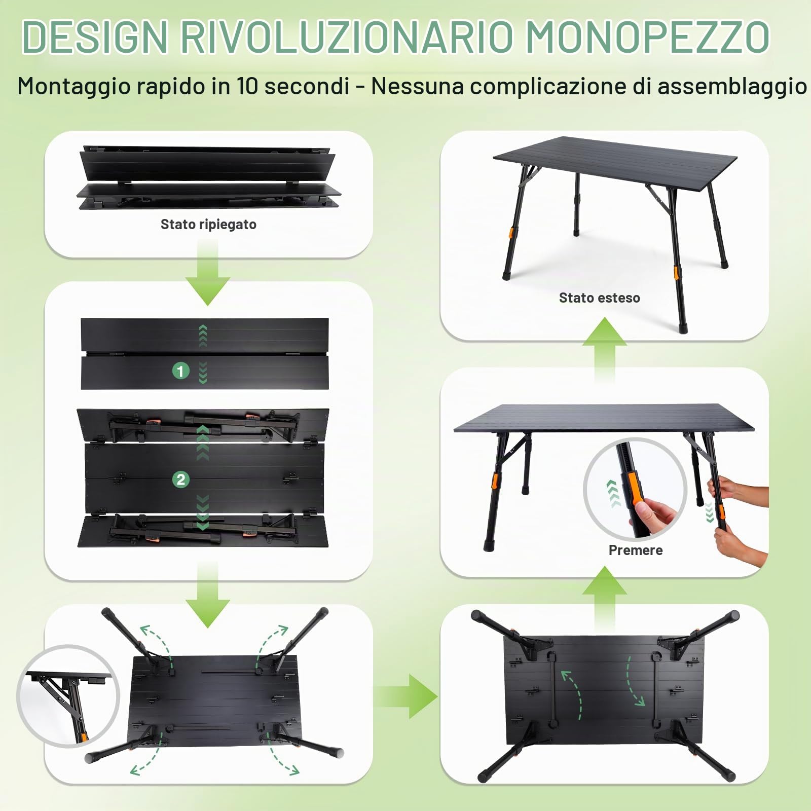 Tavolo Pieghevole da Campeggio Tavolino Pieghevole da esterno Nessun Montaggio Richiesto Tavolo Pieghevole in Lega di Alluminio con Gambe Regolabili in Altezza in Modo Continuo 95cm*52cm