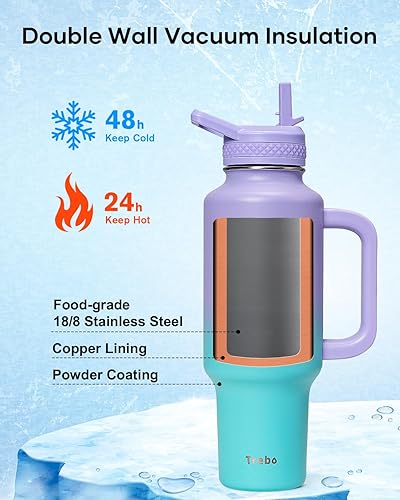 Miniatura 3 de Trebo Botella de agua de 40 onzas con aislamiento que cabe en portavasos de automóvil con asa, botellas de agua de acero inoxidable vaso con tapas