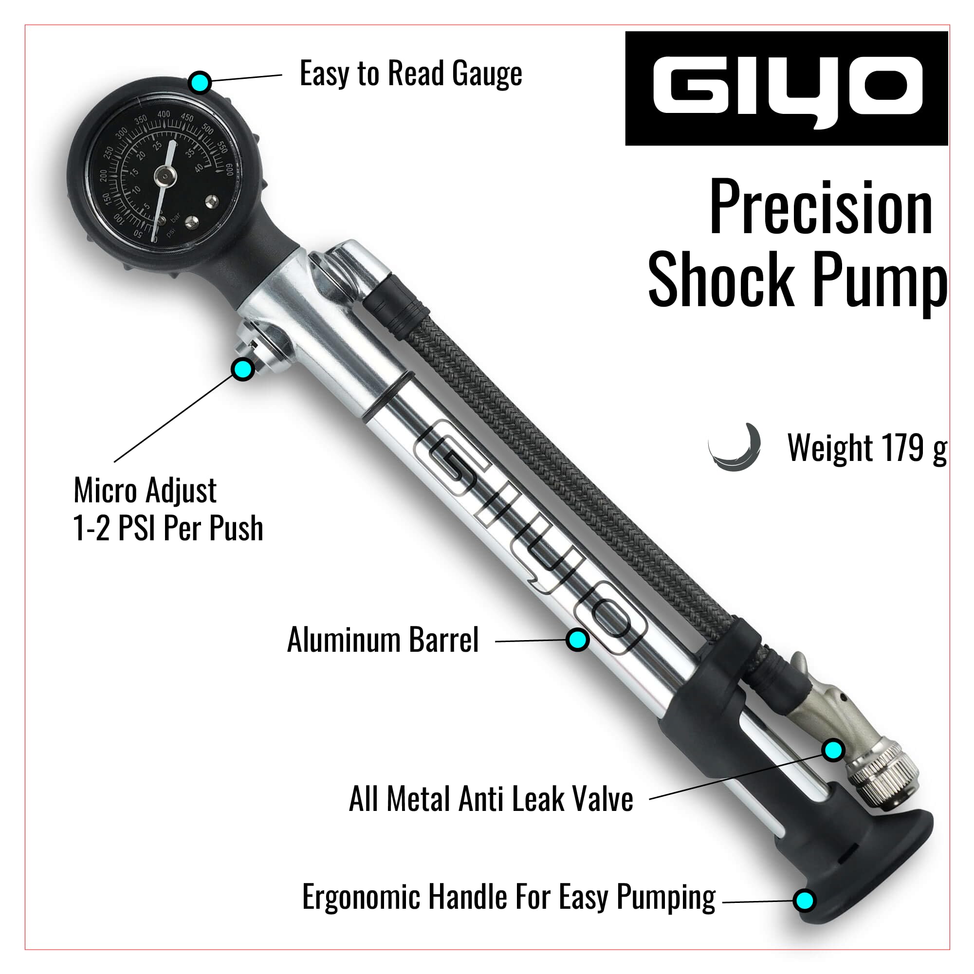 GIYO GS-24L Air Turbo Bike Shock Pump: hohes Volumen, müheloses Aufpumpen auf 600 PSI – Präzision, Haltbarkeit und Leichtigkeit für optimale Fahrradleistung