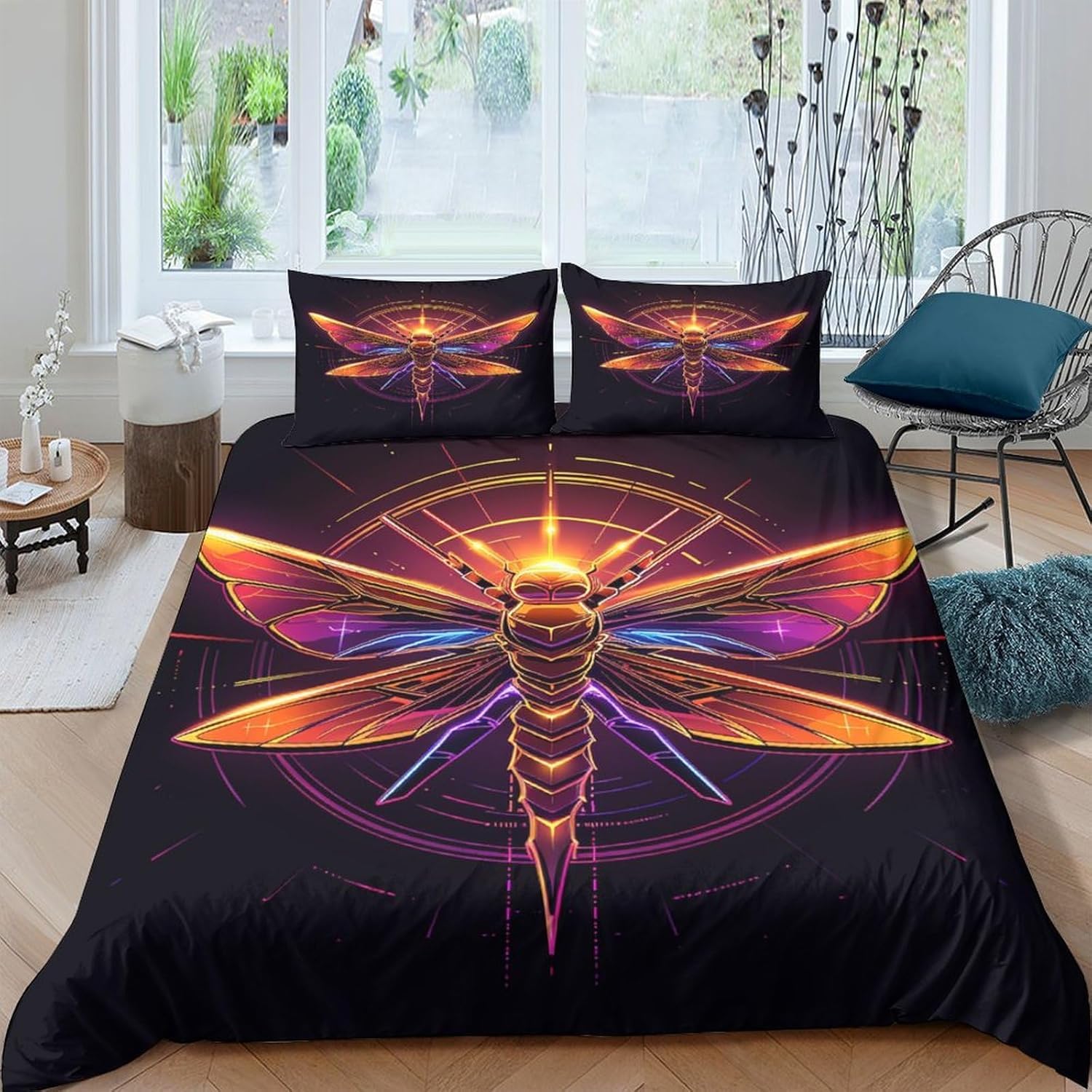 Housse de couette libellule 3D parure de lit enfant 200x200 en microfibre zippée facile à laver