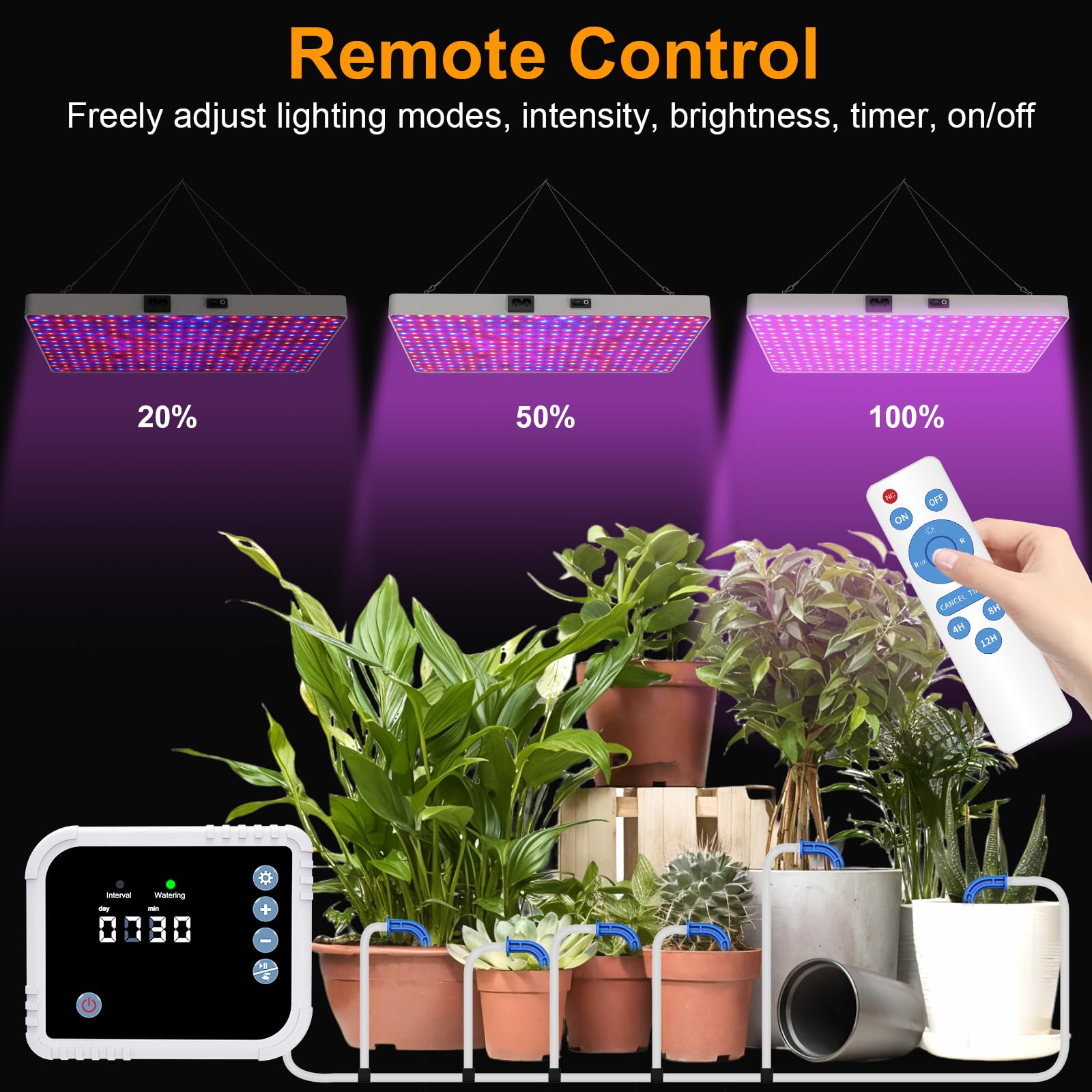 LED Grow Light con sistema de riego automático para plantas de interior, luz de espectro completo con mando a distancia, regulable sin niveles con 3 modos de iluminación para plántulas