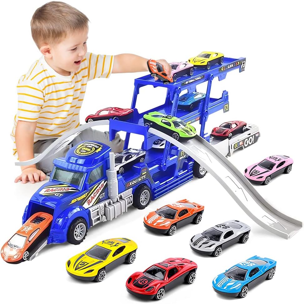 PYEBEToddler Toys Race Model Car With Track Transport Vehicle, Die-cast Alloy Metal Car Toy Set With 12 Cars,Gifts for Age 3 4 5 6 Kids Child Boys Girls Birthday Party Favor