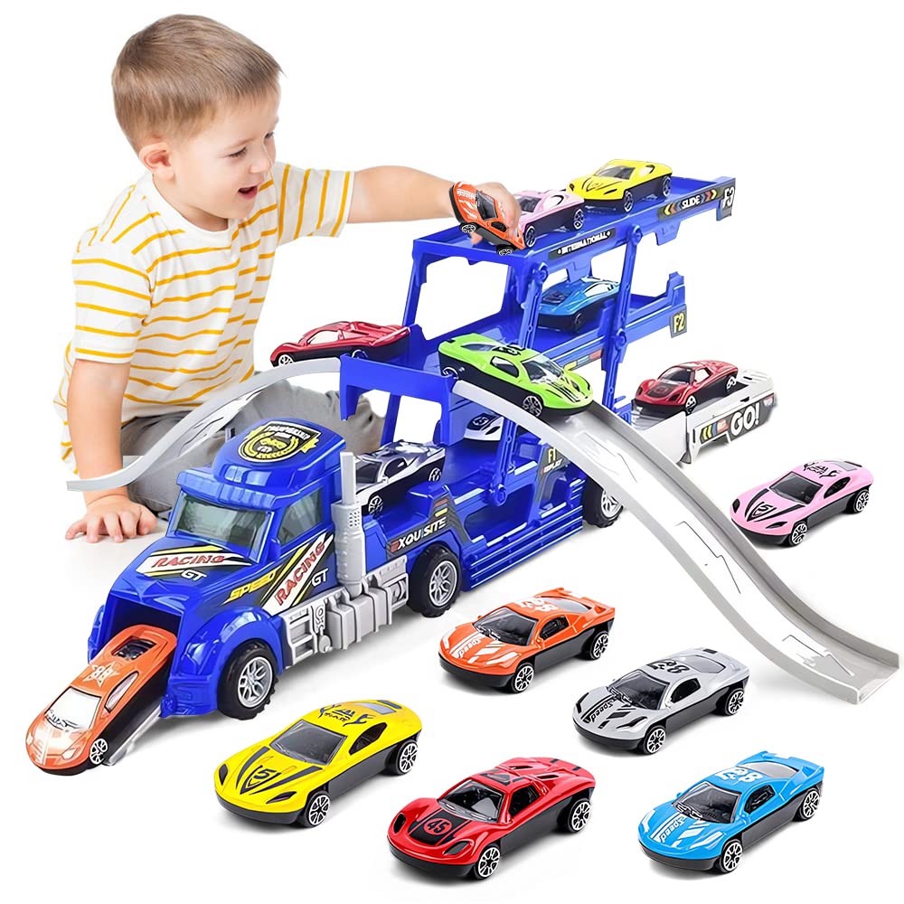 PYEBEToddler Toys Race Model Car With Track Transport Vehicle, Die-cast Alloy Metal Car Toy Set With 12 Cars,Gifts for Age 3 4 5 6 Kids Child Boys Girls Birthday Party Favor
