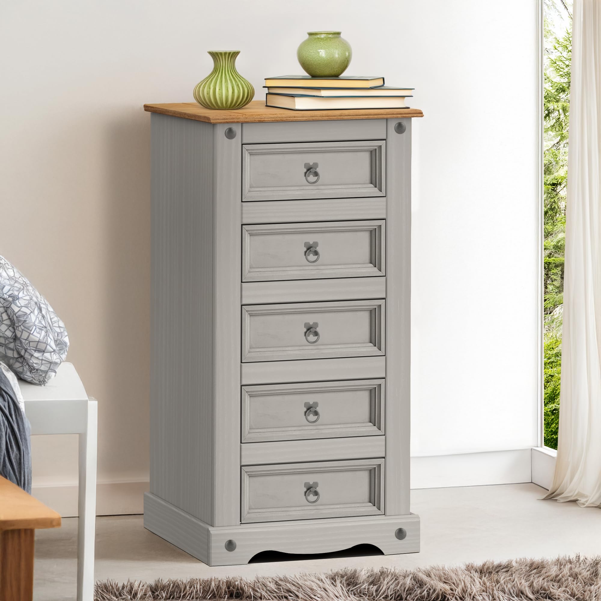 Mercers Furniture Corona Grey Wax 5 Drawer Narrow Chest Solid Pine With Mexican Styling from B&Q