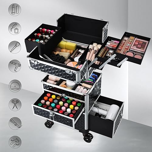 Miniatura 2 de Joligrace Estuche de maquillaje rodante 4 en 1 con ruedas y cajones, gran estuche profesional de cosmetología con cerradura, estuches de
