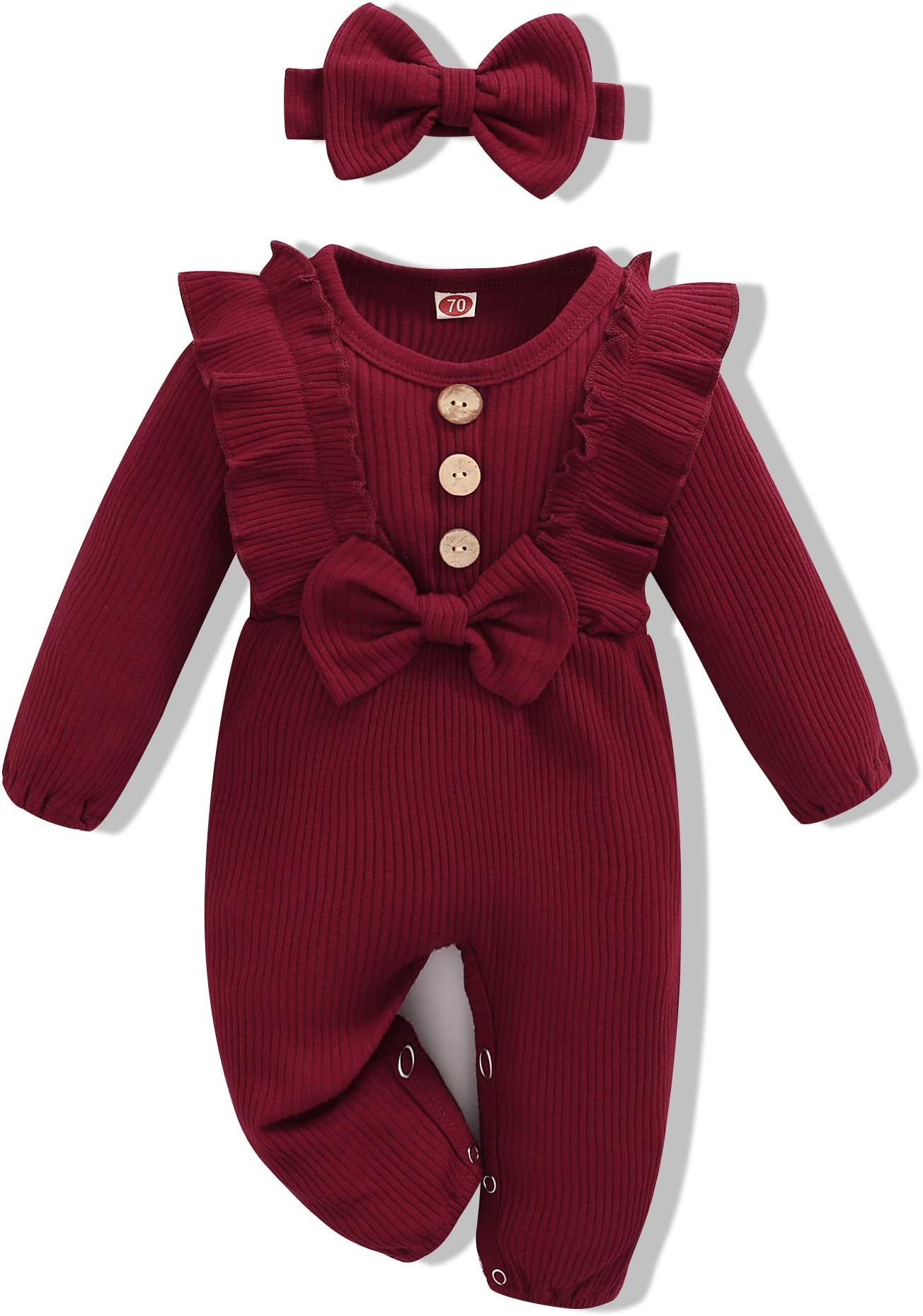 nilikastta Baby Girls Clothes Newborn Infant Ruffle Long Sleeve Romper Jumpsuit(Wine Red2,12-18M)