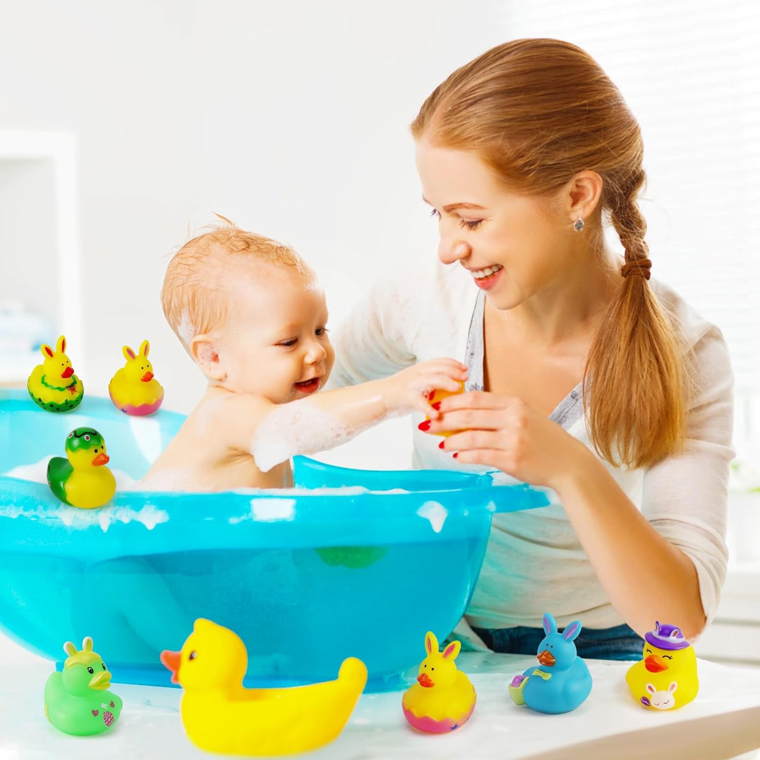 100PCS Easter Rubber Ducks in Bulk,Assorted Gifts Party Favors ,Resurrection Bunny Rubber Duck Pack , Funny Bath Tub Toys for Kids, Baby Showers Accessories