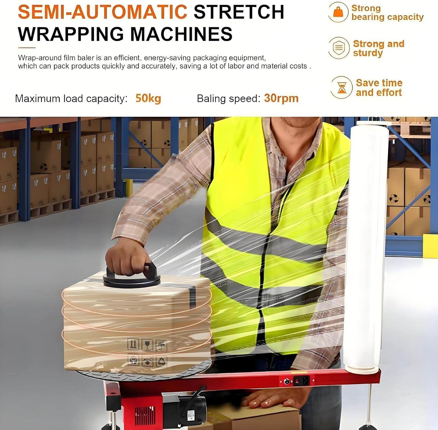 Elektrische Stretchfolienverpackungsmaschine, Palettenwickelspender mit Drehteller 15,7 Zoll, 30 U/min für Industrieverpackungen