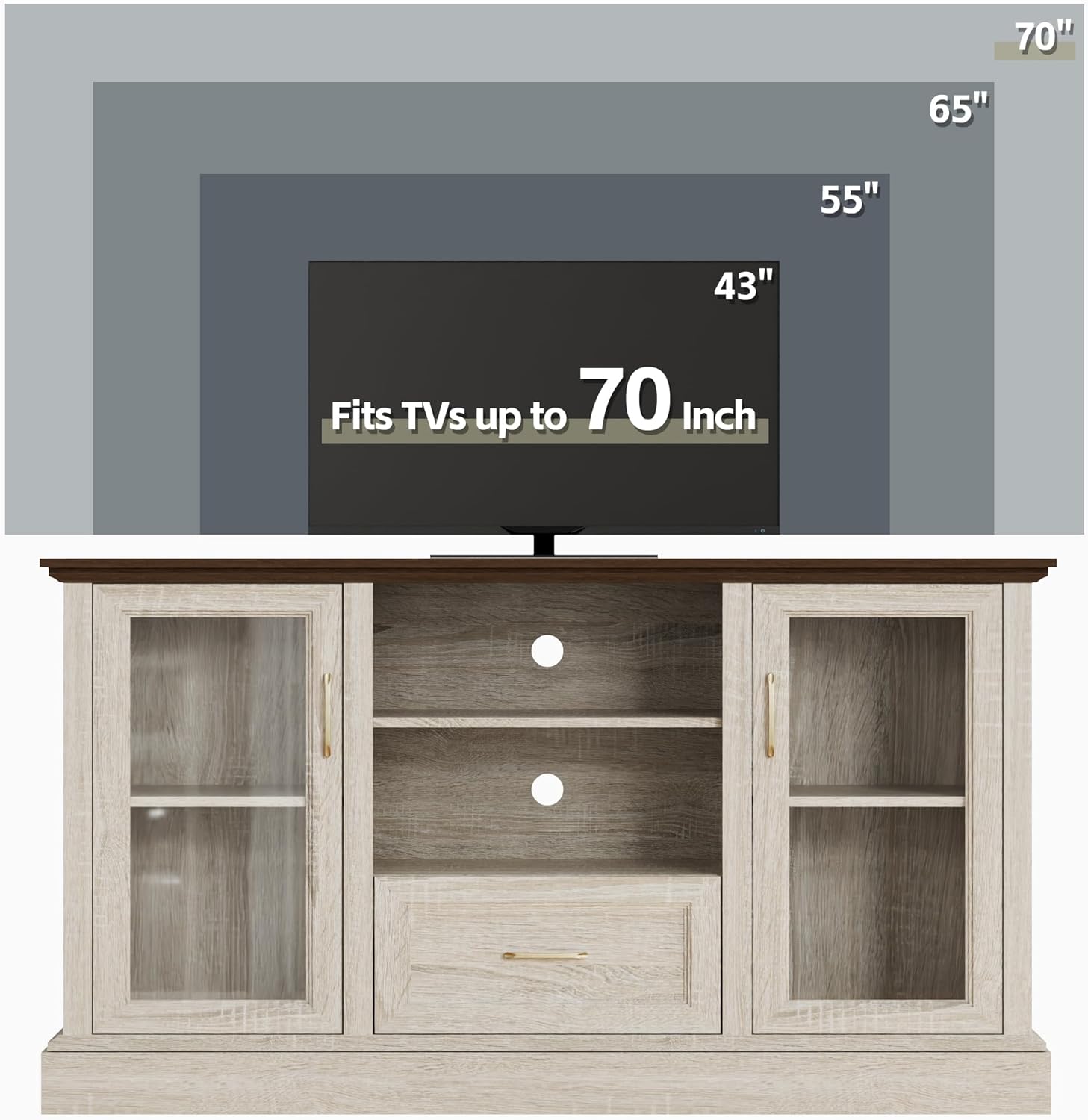 Beige Farmhouse TV Stand with Storage Cabinets and Glass Doors, Entertainment Center for 75 Inch TV, Media Console Side Storage Cabinets for Living Room