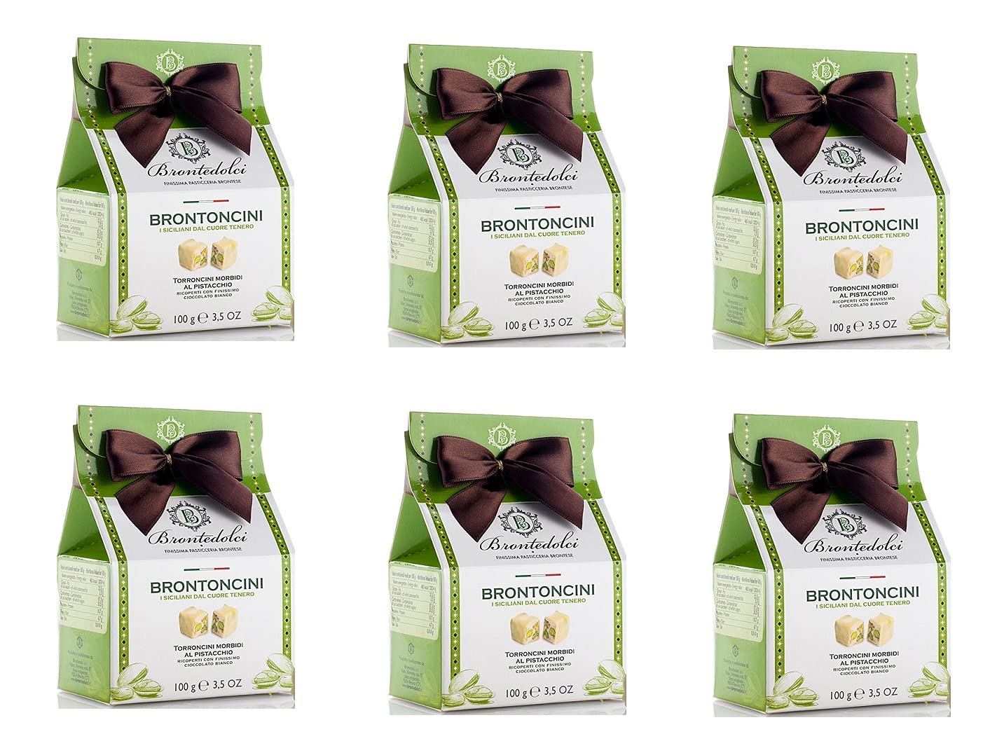6x Brontedolci Brontoncini Torroncini Morbidi al Pistacchio Weicher Nougat mit Pistazie mit Weißer Schokolade überzogen 100g
