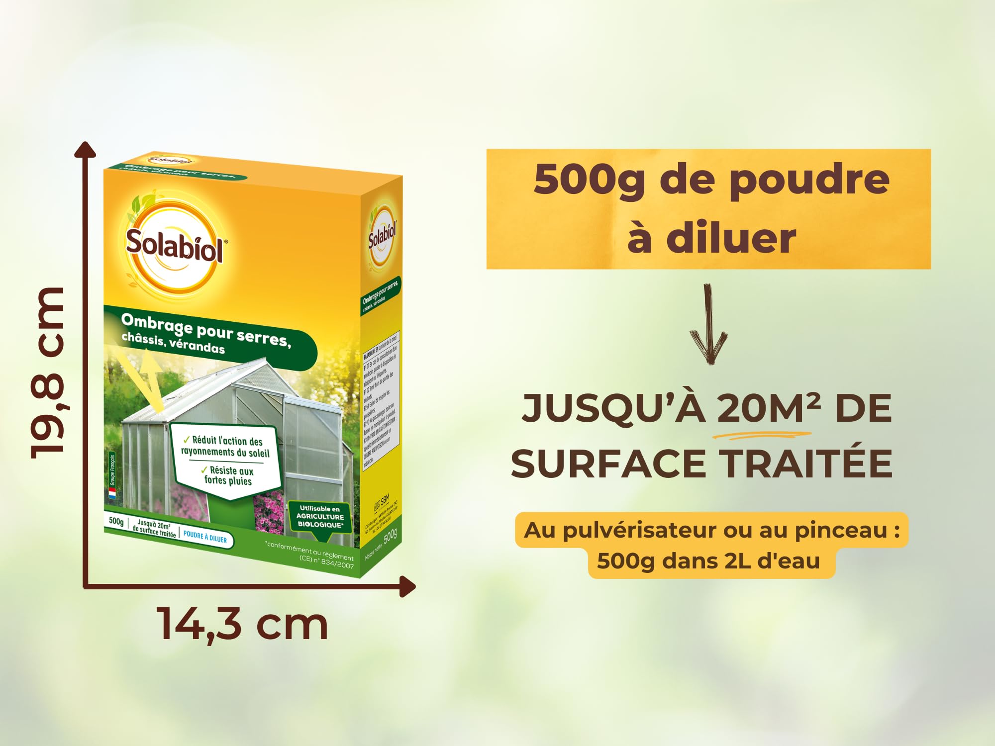 Solabiol Ombrage Serres, Châssis & Vérandas - 20m² - 500g | Résiste aux Fortes Pluies - Réduit l'Action des Rayons du Soleil - SOS500