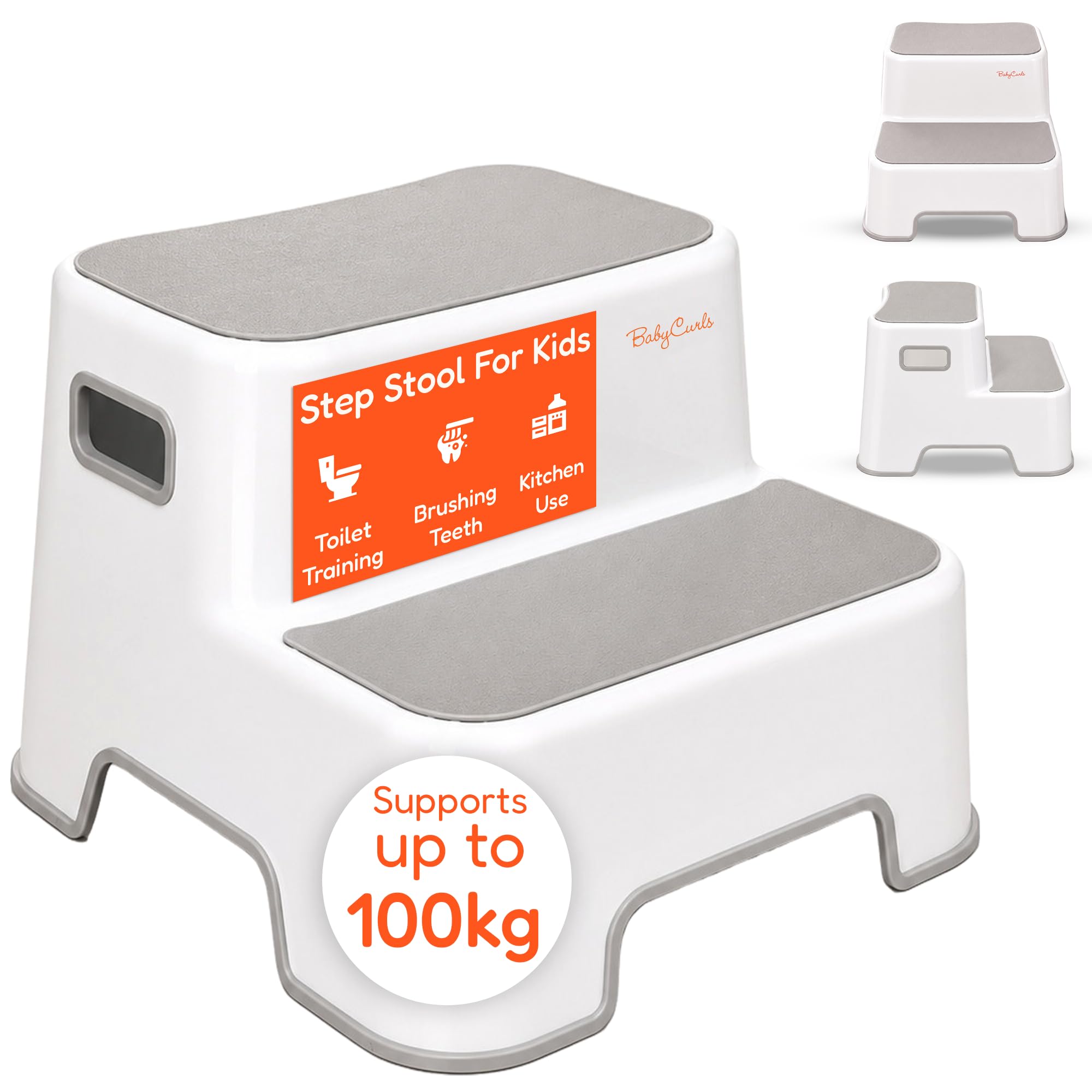 Babycurls Childrens Double Step Stool – Non-Slip 2 Step Up for Toddlers with Handles, Sturdy for Kids Potty Training, Bathroom & Kitchen Use – Supports up to 100kg