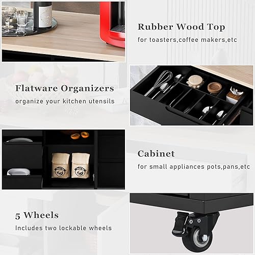 Miniatura 5 de Carrito de isla de cocina con ruedas con encimera de acero inoxidable, 2 cajones de almacenamiento y soporte para copas y estante para especias,