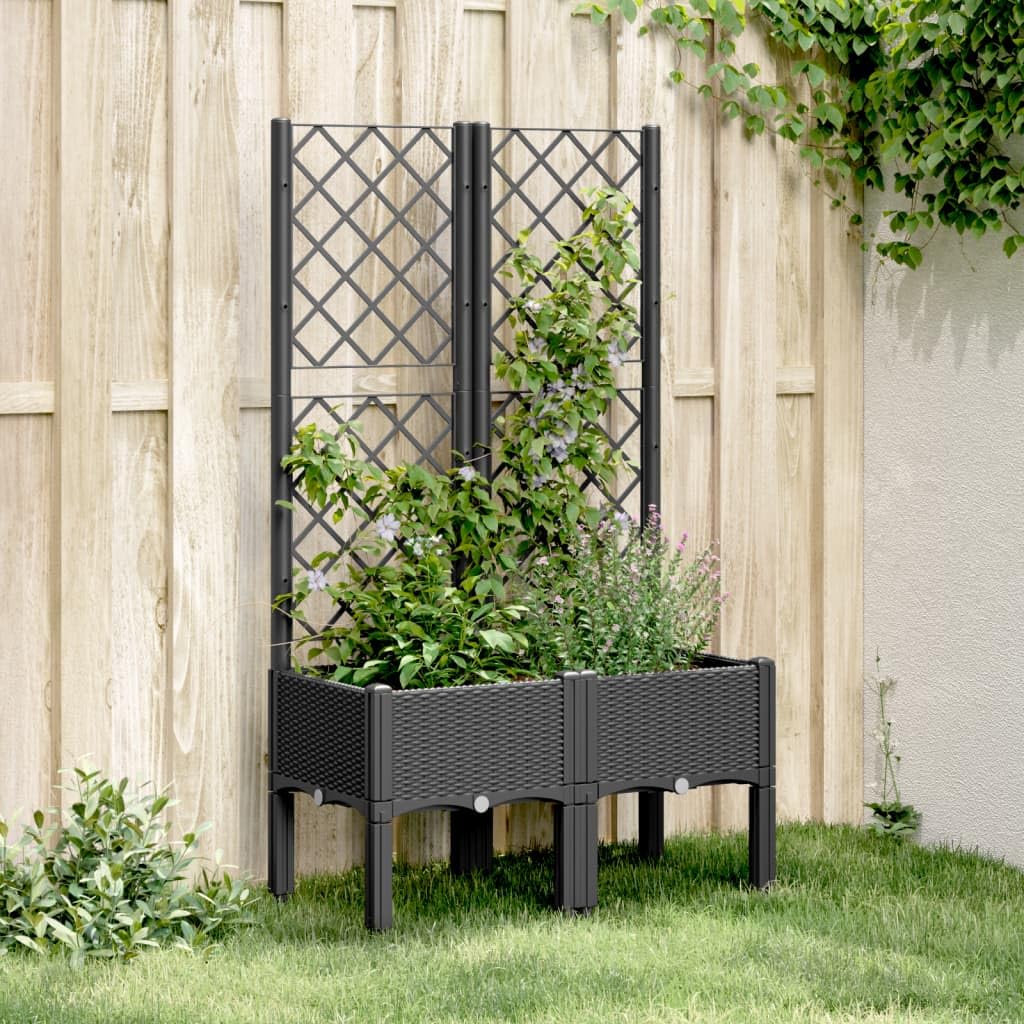 Donica na rośliny z kratką dla roślin pnących, czarna, 80 x 40 x 142 cm, PP, odporna na warunki atmosferyczne, ze zbiornikiem wody, nowoczesna skrzynka na kwiaty na taras, balkon, do użytku
