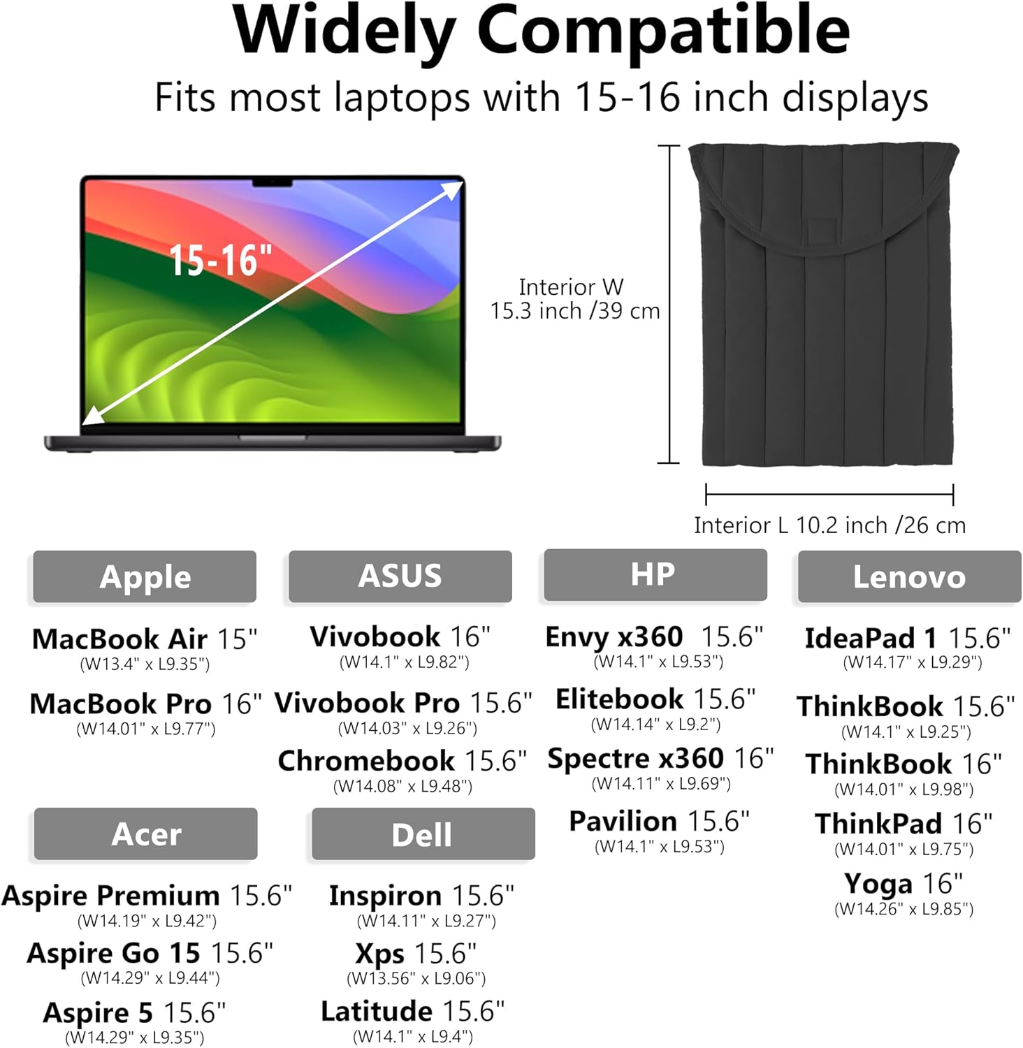 Puffy Laptop Sleeve 15-16 Inch Black, Protective Carrying Case for Men and Women, Cute Case Bag Compatible with 15 Inch and 16 Inch Laptops, for MacBook Air M2 M1, Asus/Dell Xps/Lenovo in Cover