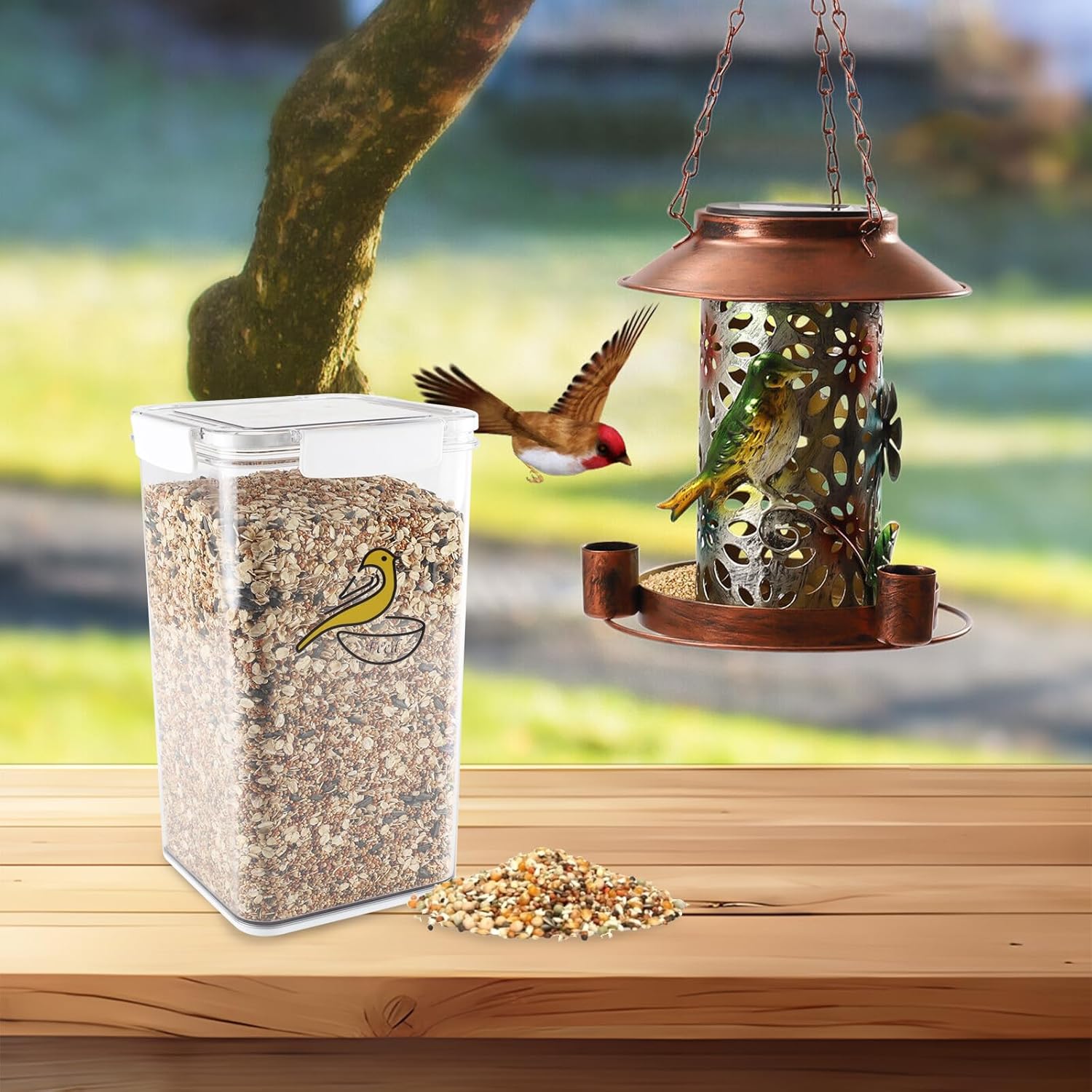 Bird Seed Storage Container-Airtight Bird Food Container 6L Pet Food Storage Containers with Birds Seed Scoop-Wild Birds Seed Dispenser-for PetBirds Parakeets Finches Foods