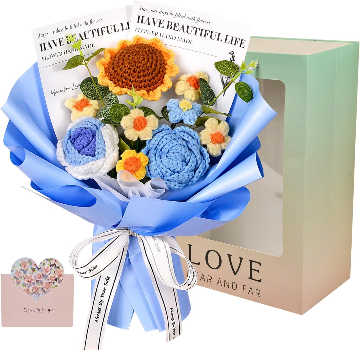 Crochet Flowers Bouquet, Crochet Sunflower Rose Bouquet for Mother's Day, Father's Day, Graduation, Anniversary, Birthday, Gifts for Mom, Dad, Friends, Teachers, Blue