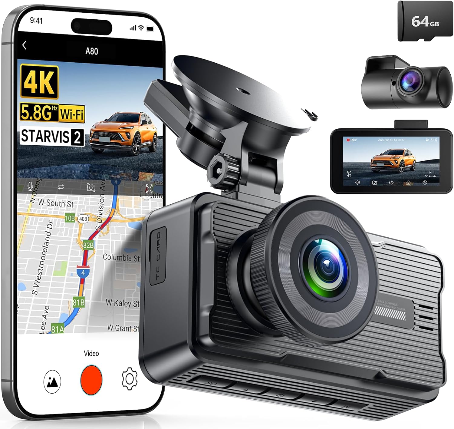 JOMISE 4K Dash Cam Front and Rear with 5Ghz WiFi GPS, Dual Dashcam with 64GB Card, 3″ Screen, Night Vision, 24H Parking Mode – Reliable Dash Camera for Family Cars, Rideshare Drivers, and Trucks