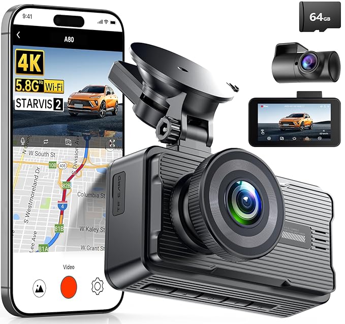 JOMISE 4K Dash Cam Front and Rear with 5Ghz WiFi GPS, Dual Dashcam with 64GB Card, 3