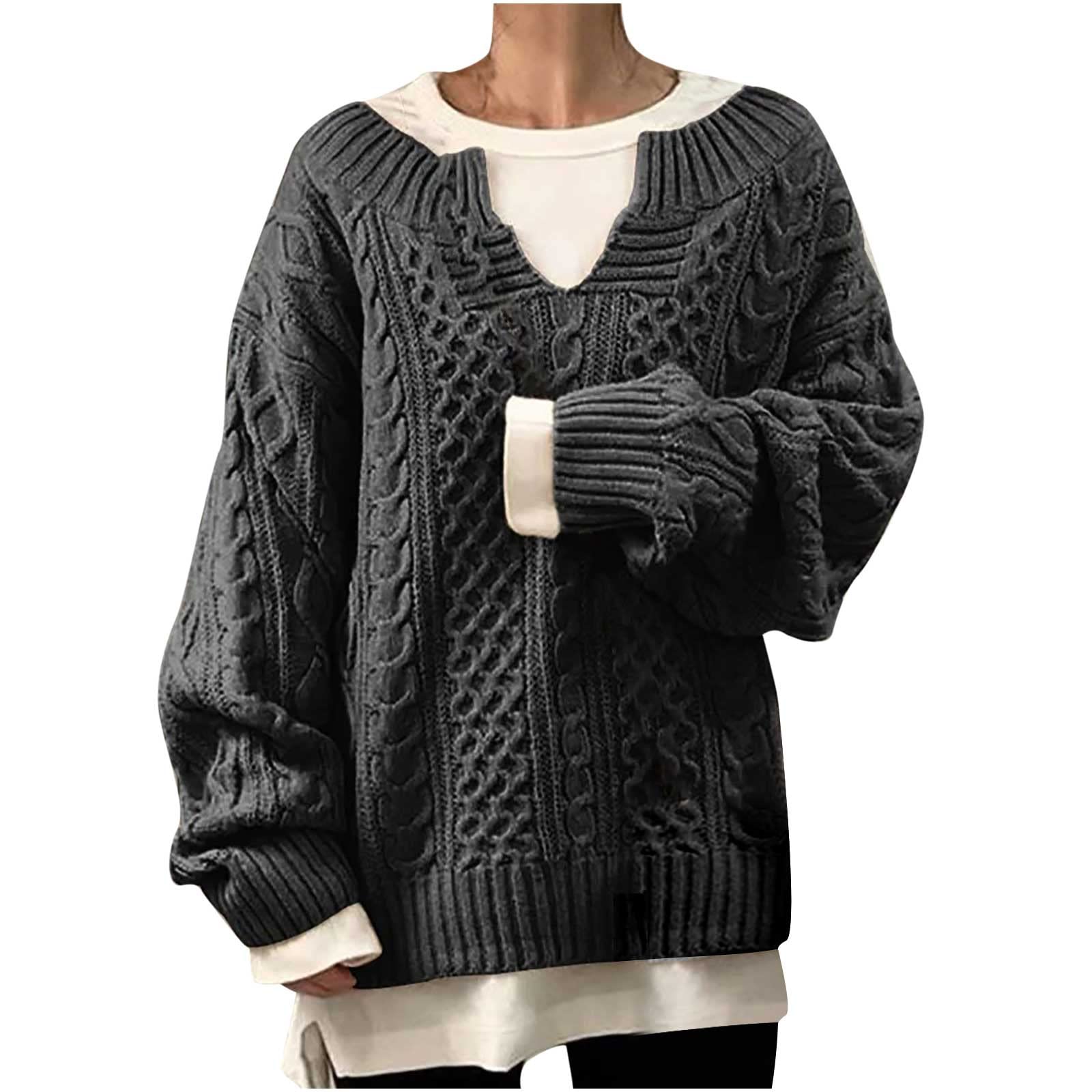 Womens Winter Chunky V Neck Long Sleeve Loose Cable Knit Sweater Pullover Casual Oversized Chunky Tops for Women