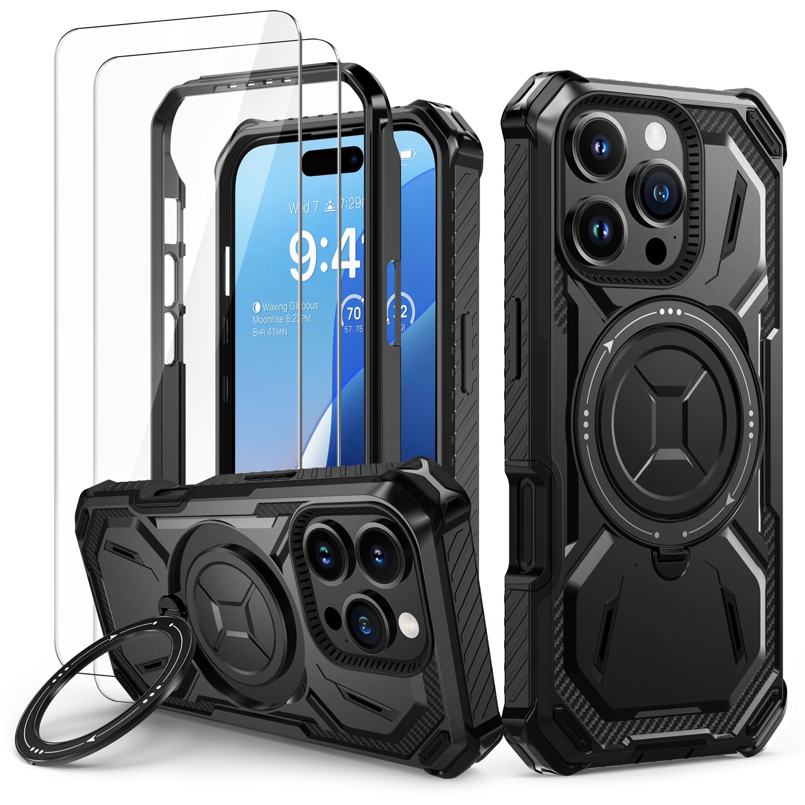 Lanhiem für iPhone 16 Pro Hülle mit 2 Stück Schutzfolie, 360° Ring Ständer Schutzhülle, Militärischer Stoßfest Handyhülle für iPhone 16 Pro Case, Schwarz