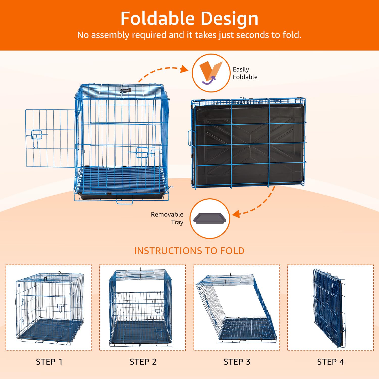 Amazon Basics Foldable Metal Wire Dog Cage/Crate/Carrier with Tray | Single Door | 24 Inch | 1 Level | Blue, Medium 3