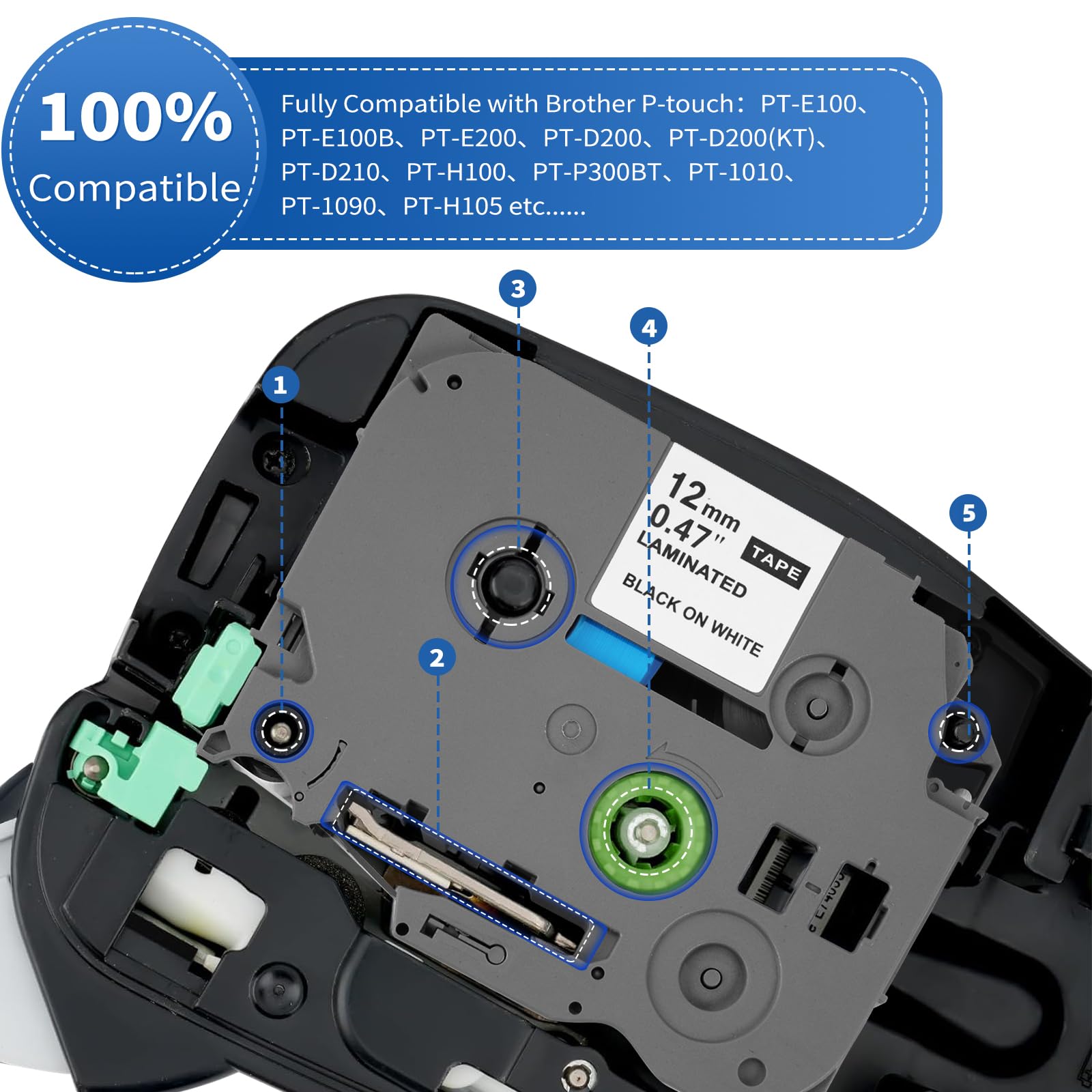 4x Compatible para Brother P-touch Tapes Etiqueta Reemplazo 12mm 0.47 Negro sobre Blanco Laminada para Tze-231 TZe231 Tz 231 Tzc231 para P-Touch PT-H100lb PT-H105 PT-D210 PT-E110 PT-1010 PT-1000