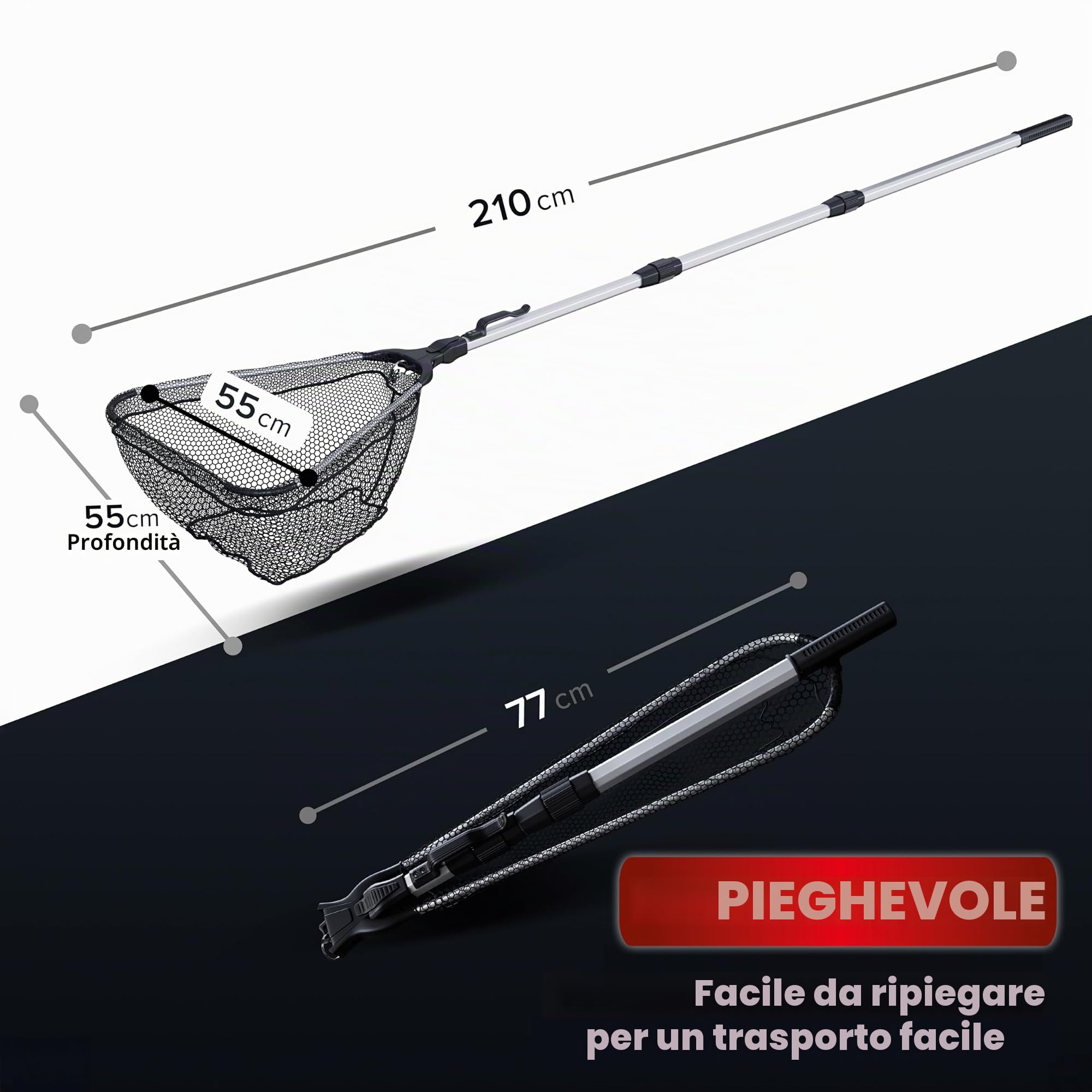Paradox Fishing Retino gommato, 1,6 m/2,1 m, telescopico, retino da pesca gommato, retino gommato, retino da pesca