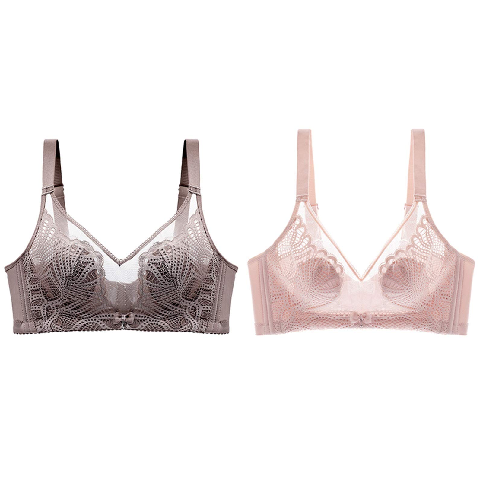 WENJUN 2 piezas de encaje Bralettes para mujer, más tamaño minimizador sexy de cobertura completa, sin cables con almohadillas extraíbles