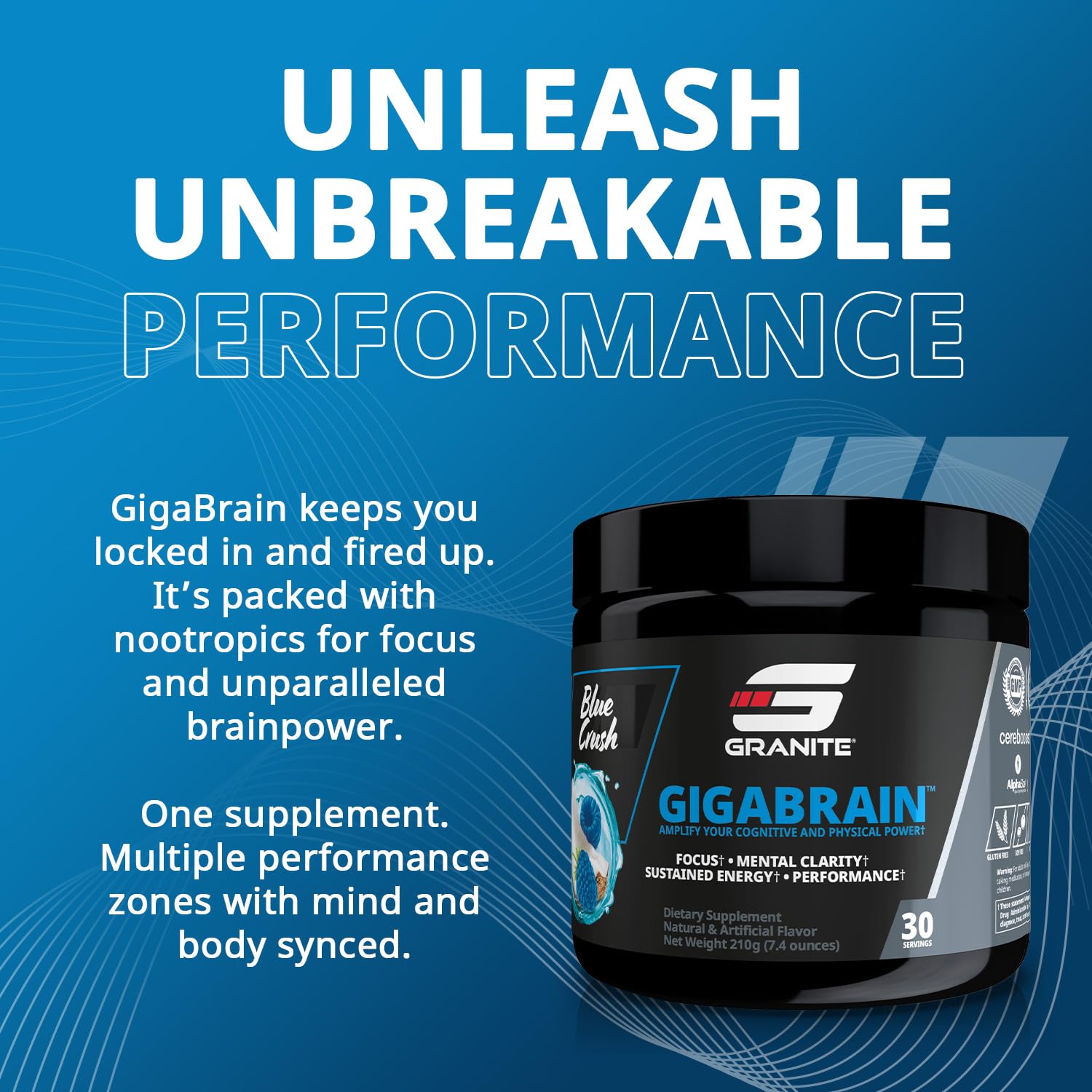 (inv) Granite Nutrition GigaBrain Nootropic Energy Powder – Cereboost, Alpha-GPC & ElevATP – Cognitive Focus Supplement for Sustained Energy & Performance – Blue Crush, 30 Servings