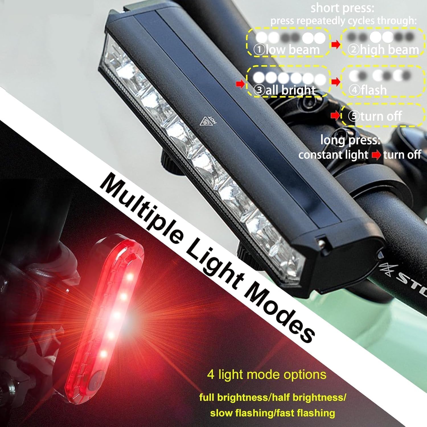 Kit d'éclairage de vélo 1400 lm en aluminium LED avant + feu arrière rechargeable Noir