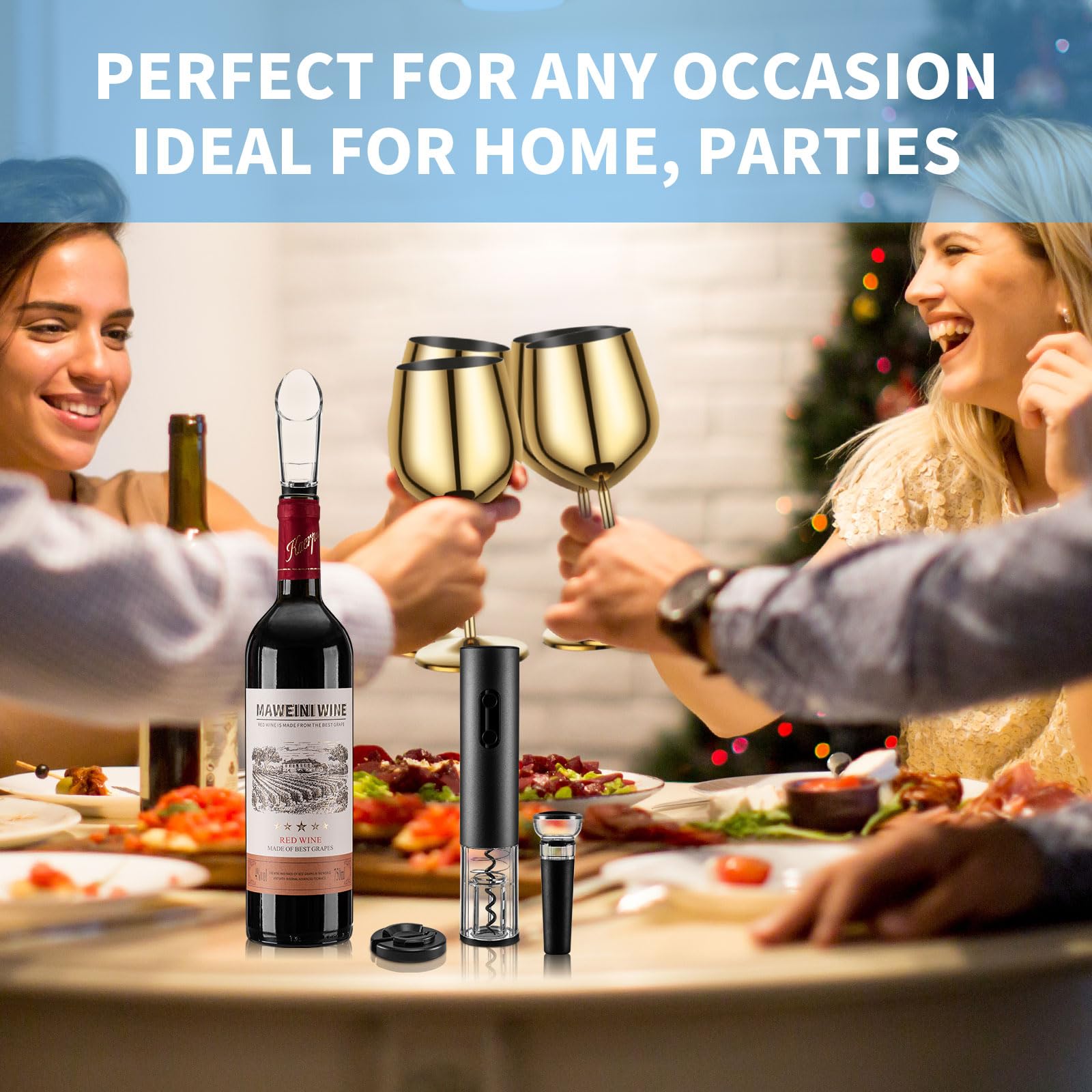 MegaTrend Abridor de vino eléctrico recargable, juego de sacacorchos automático, incluye copa de vino dorada de 2, copa de acero inoxidable, regalo ideal para bodas, cumpleaños, niñas, hombres