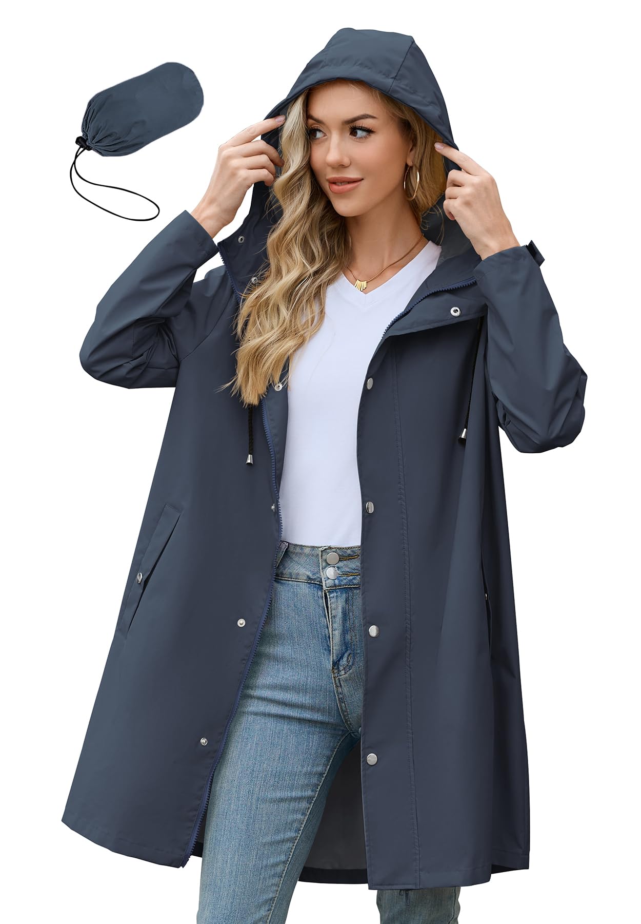 Zando Long Packable Rain Jacket Women Waterproof - Raincoat for Women Rain Coat with Hood Lightweight Outdoor Windbreaker