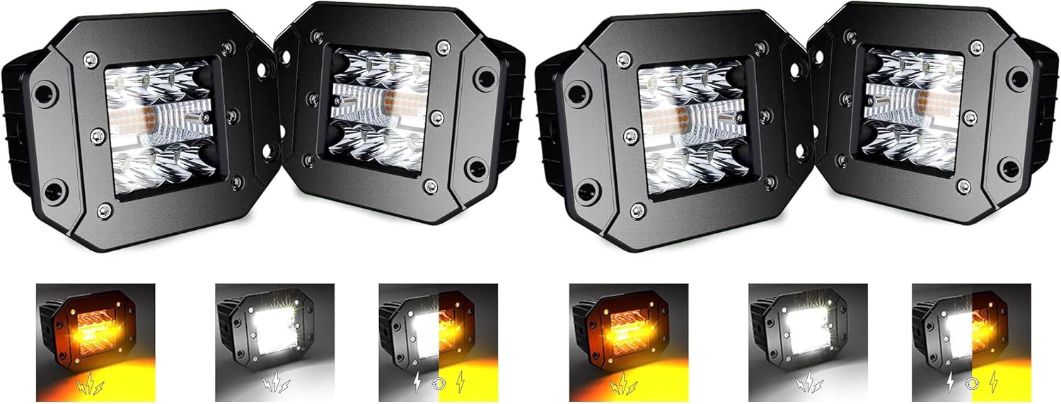 ASLONG 2PCS 5Inch LED Flush Mount Pods 6 Modes Amber/White Flasing Strobe Fog Lights Offroad Backup Light Reverse Light Grill Mount Light with Switch Wiring Harness for Truck UTV 4x4 Car, Black