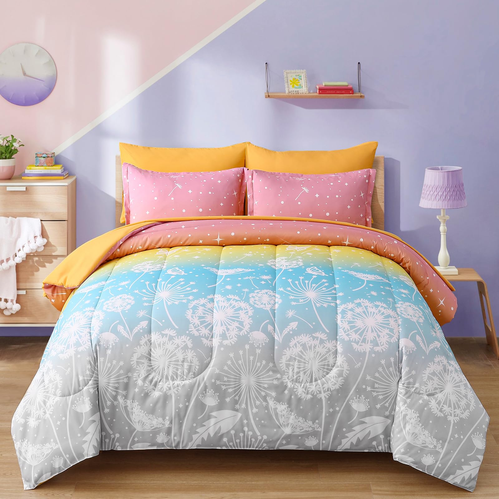 Menghomeus Girls Comforter Set King Size 7 Pieces Bed in A Bag Ombre Rainbow Bedding Set Dandelion Butterfly Print Kids Bedding Collections