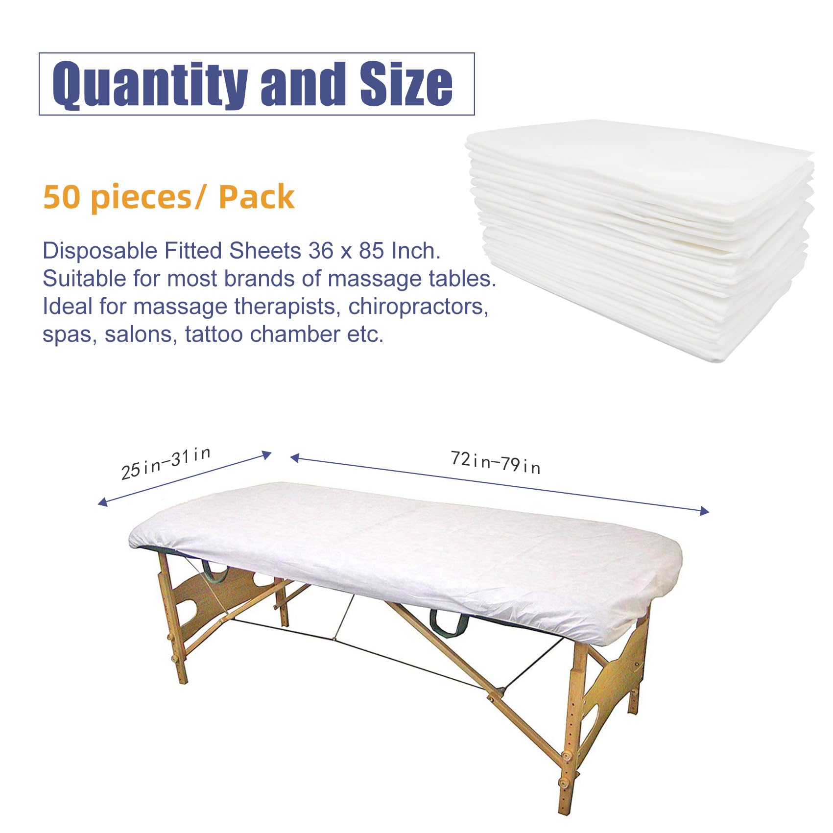 50 sábanas bajeras desechables para mesa de masaje, funda de cama elástica resistente, sábanas bajeras desechables transpirables para spa, tela blanca no tejida, 36 x 85 pulgadas (50 unidades)