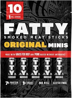 FATTY Original Mini Meat Sticks: Grass-Fed Beef & Antibiotic-Free Pork, 7g Protein, 1oz Low-Carb Snacks (10 Pack)