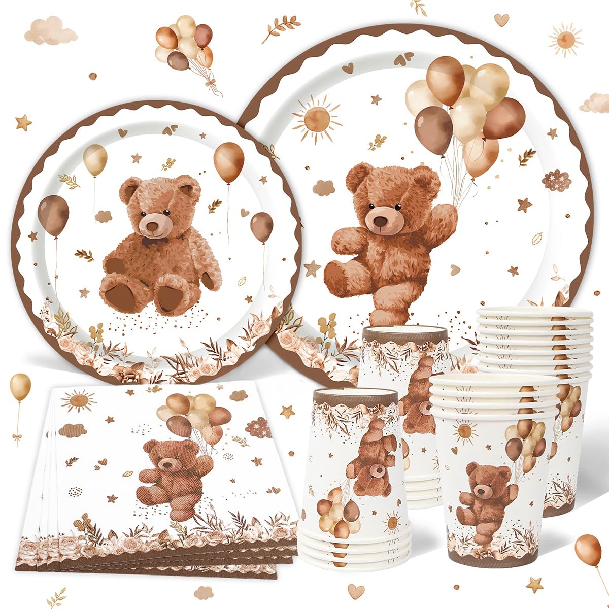 Bear Paper Plates Cups and Napkins 96Pcs, Teddy Bear Party Tableware with Party Plates Cups and Napkins, Disposable Tableware for Beary First Birthday Decorations Baby Shower, Serves 24 Guests — image 1