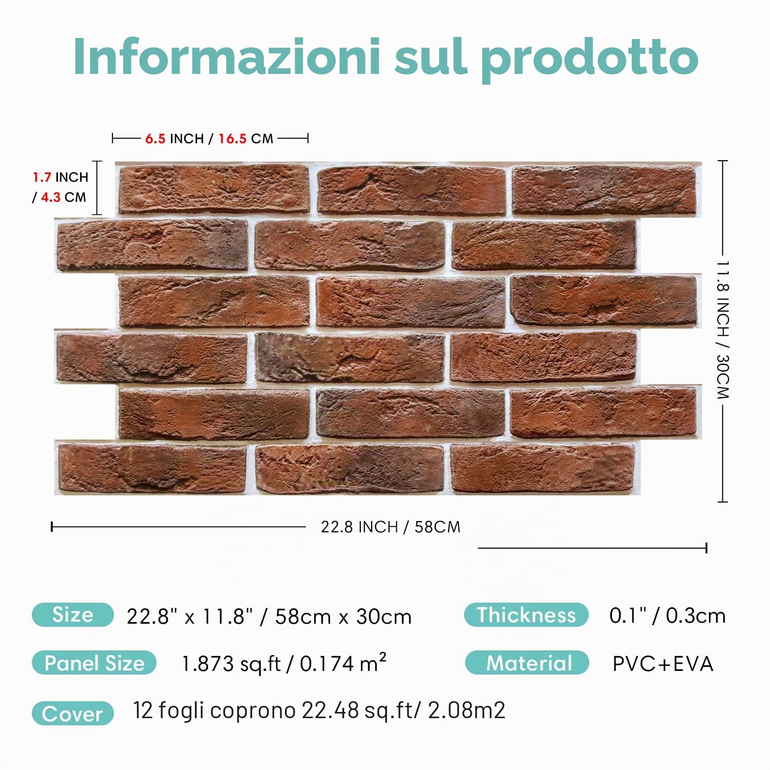 Commomy 12 Pezzi Pannelli murali 3D Adesivi Murali Mattone, 58 x 30 cm, Pannelli Decorativi per Pareti 3D Mattoni, PVC, Rivestimento Murale Finto Mattone Decorazione per Pareti Interne (2,08 m²)