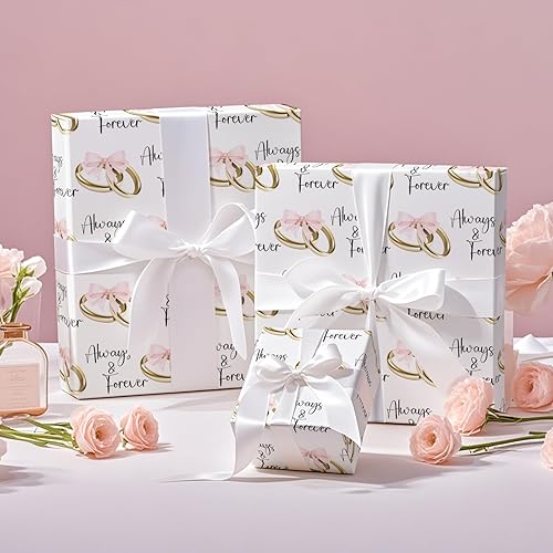 Miniatura 4 de RUSPEPA Rollo de papel de regalo de boda, mini rollo, lazos rosas y anillos dorados con diseño de texto "Always & Forever", elegante envoltura de