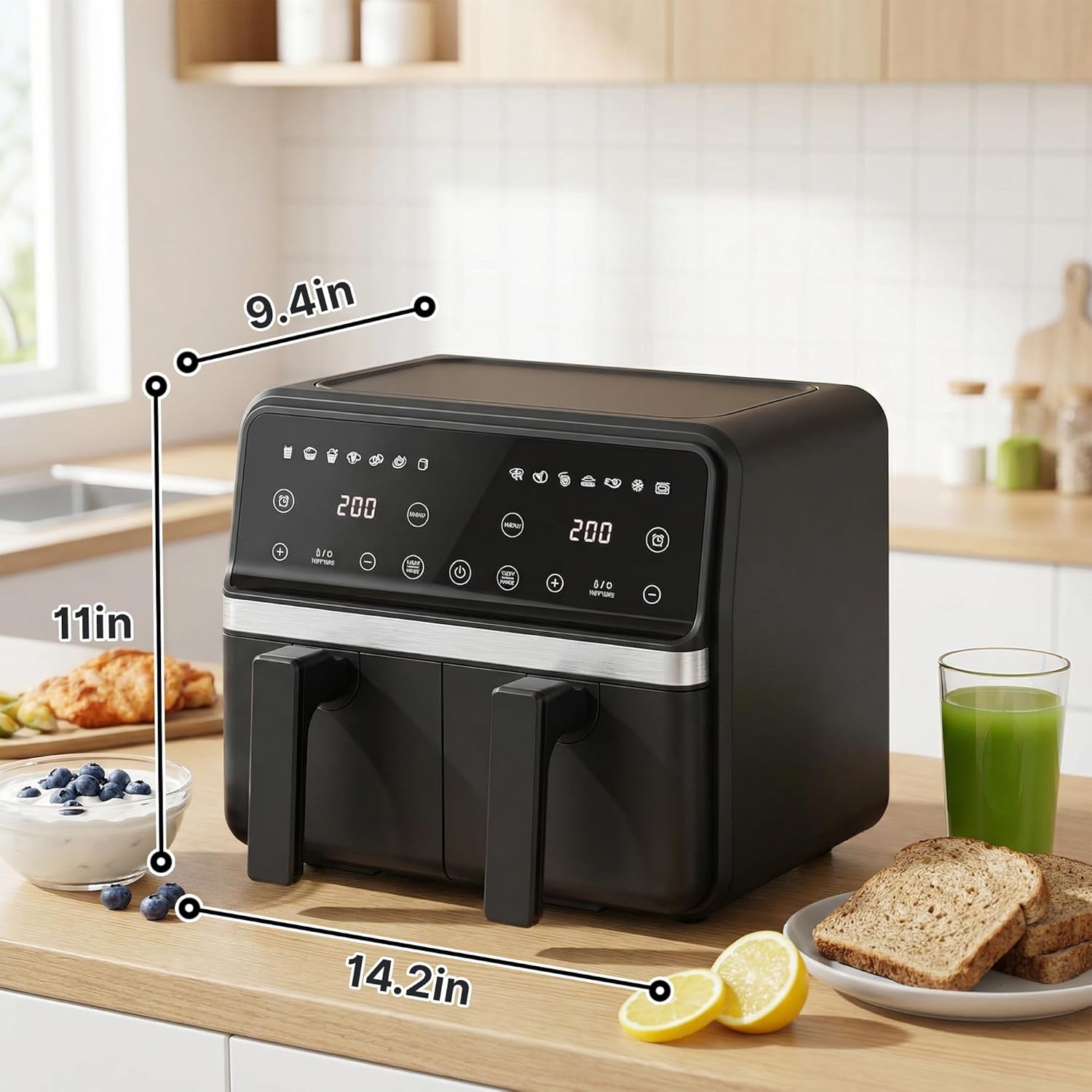 Dual Air Fryer with 2 Independent Baskets, 9QT (2x4.5QT) 2200W Double Air Fryer for Family, Sync & Match Cooking