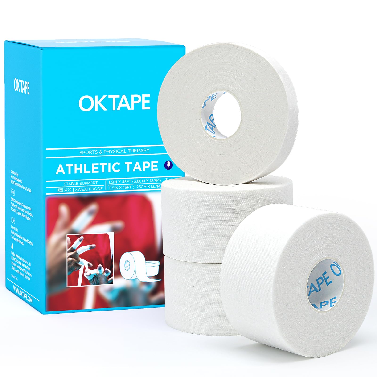 OK TAPE Athletic Tape Finger Tape, Extra Strong Adhesive Sports Tape for Weightlifting, Climbing, Basketball, Volleyball, White 3 Rolls 1.5" x 15yds