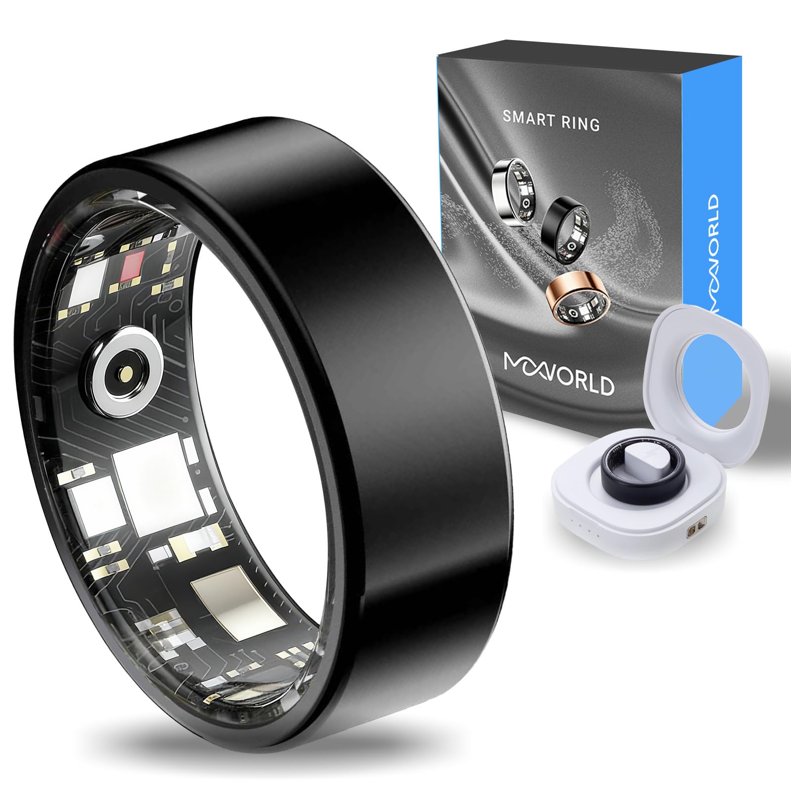 Mworld Smart Ring for Stress &amp; Emotional Tracking, Health Fitness Tracker with Heart Rate Monitor, Sleep Analysis, 10ATM Waterproof, for Men and Women - Steel Material (Black, 13)