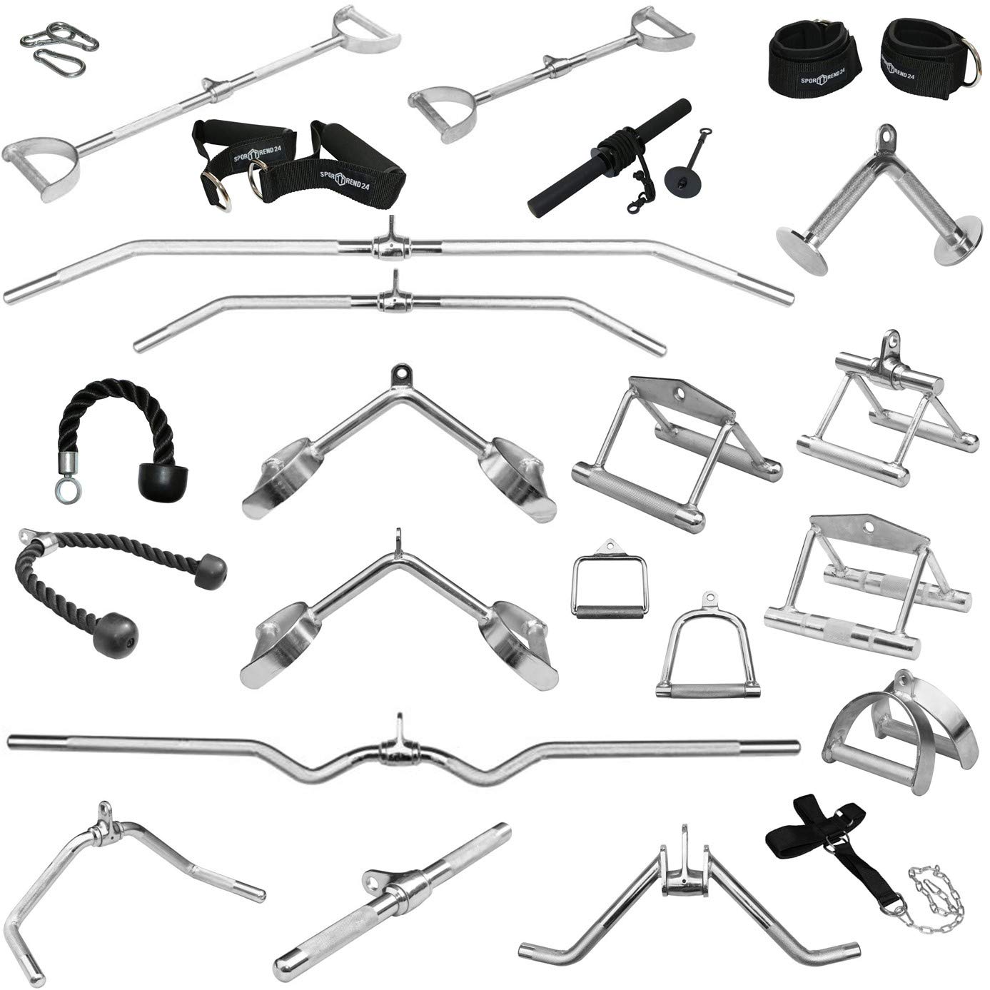 Sporttrend 24® Griffe für Seilzüge, Kabelzüge | Latzugstange, Rudergriff, Bizeps Trizeps Stange, Trizeps Seil, SZ Stange, Karabiner, Fußschlaufe, Unterarmtrainer, Nackentrainer, Griff Set
