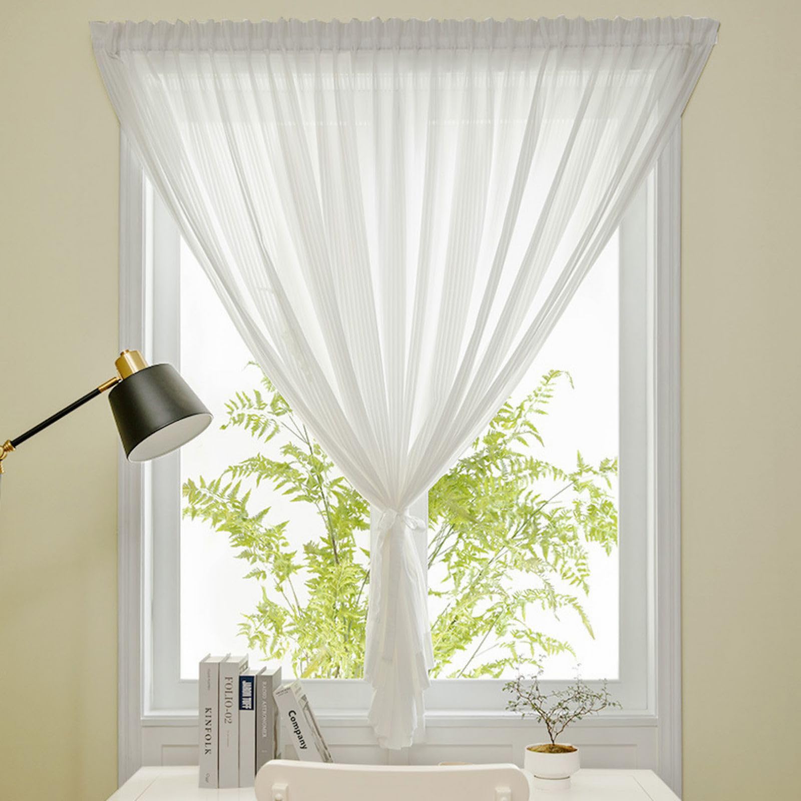 Maritown Self Adhesive Curtains with Curtain Tiebacks, Decorative Striped White Door Covers No Drill Window Blinds and Shades, Bedroom Privacy Sheer Curtain Panels for Ktichen Bathroom Nursery