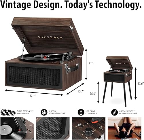 Miniatura 7 de Victrola Centro de entretenimiento musical para tocadiscos 5 en 1 (Espresso) con agujas de repuesto y caja de discos de madera