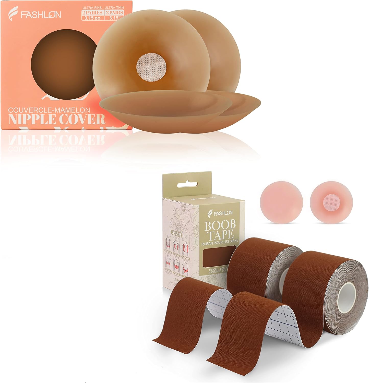 FASHLON 2-Roll Boob Tape (Dark Coffee) & 2-Pair Silicone Nipple Covers (Dark Coffee) Bundle