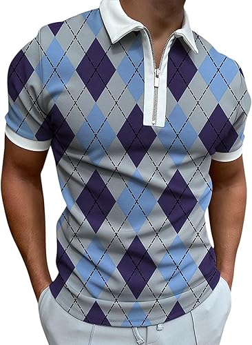 Miniatura 3 de Men's Causal Polo Shirts Short Sleeve Zip Up Graphic Tee Shirt Lightweight Fashion Golf Polo Shirts Slim Fit Muscle Top