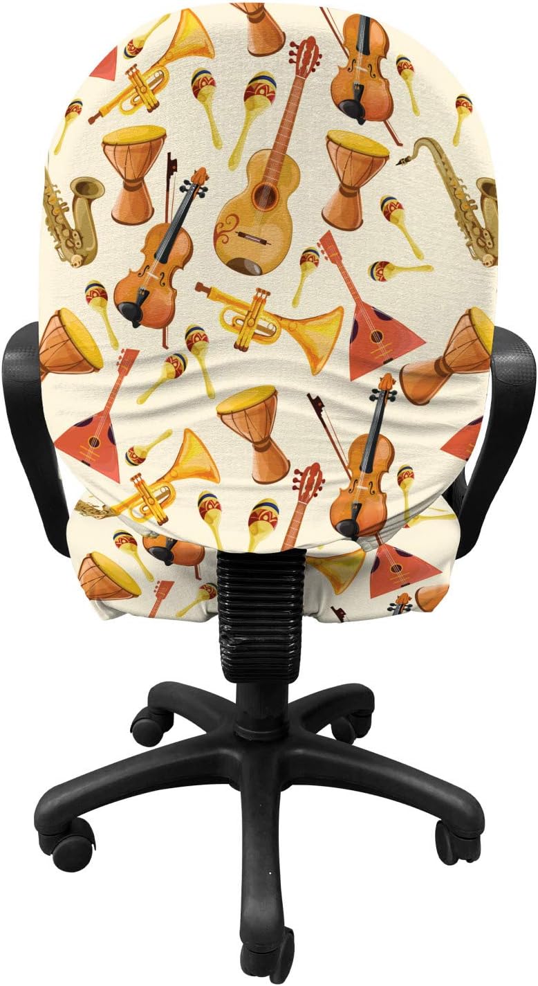 Ambesonne Jazz Music Office Chair Slipcover, Pattern with Horn Drum Guitar and Fiddlestick Folk Music Ensemble Instruments, Protective Stretch Decorative Fabric Cover, Beige Ginger